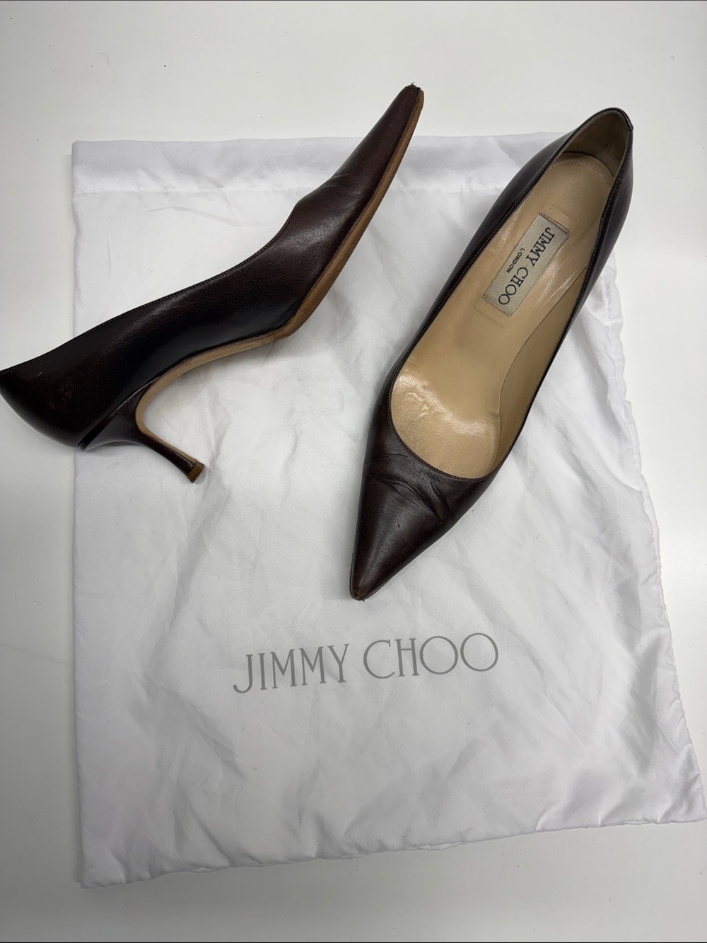 Jimmy Choo Heels High Heel Pumps Pointed Toe Shoes Leather Dark Brown Size 7.5